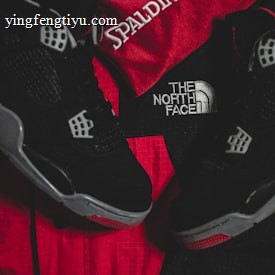 Black athletic shoes are placed alongside red and black sportswear bearing logos from Spalding and The North Face.